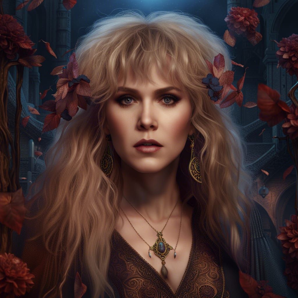 Surreal Fantasy Portrait of Stevie Nicks in Vibrant, Deep Co...