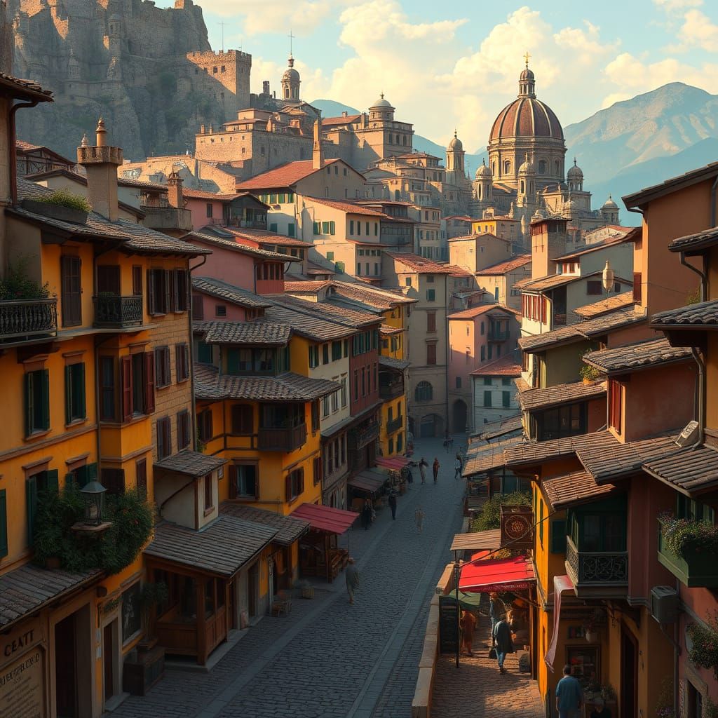 Medieval Italian Cityscape at Sunset
