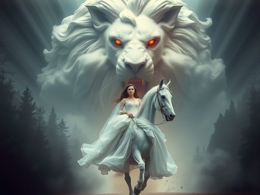 Woman on Horse with Spectral Lion in Dreamy Surrealism
