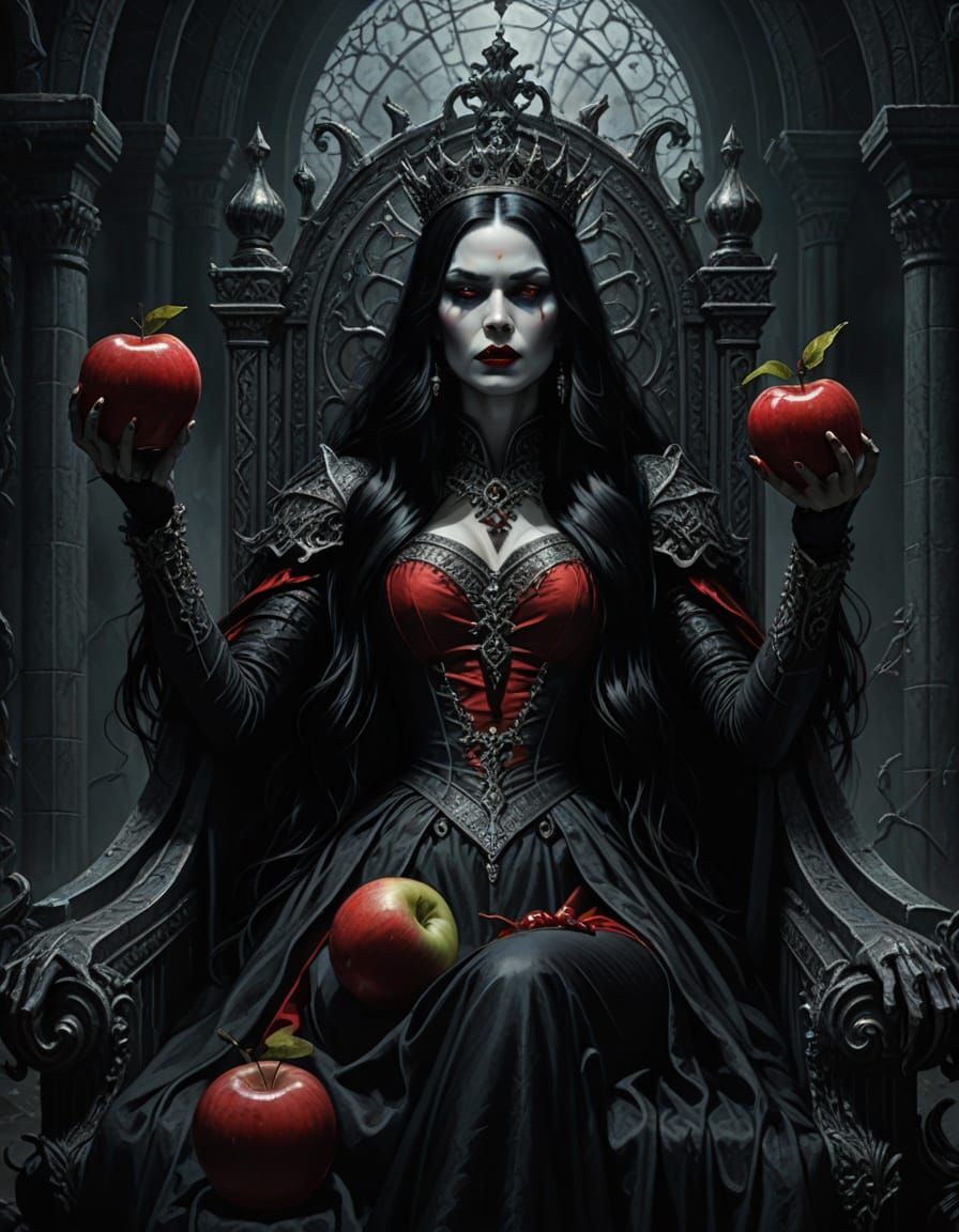 Gothic Queen Sits on Blood Red Throne in Dark Fantasy Master...