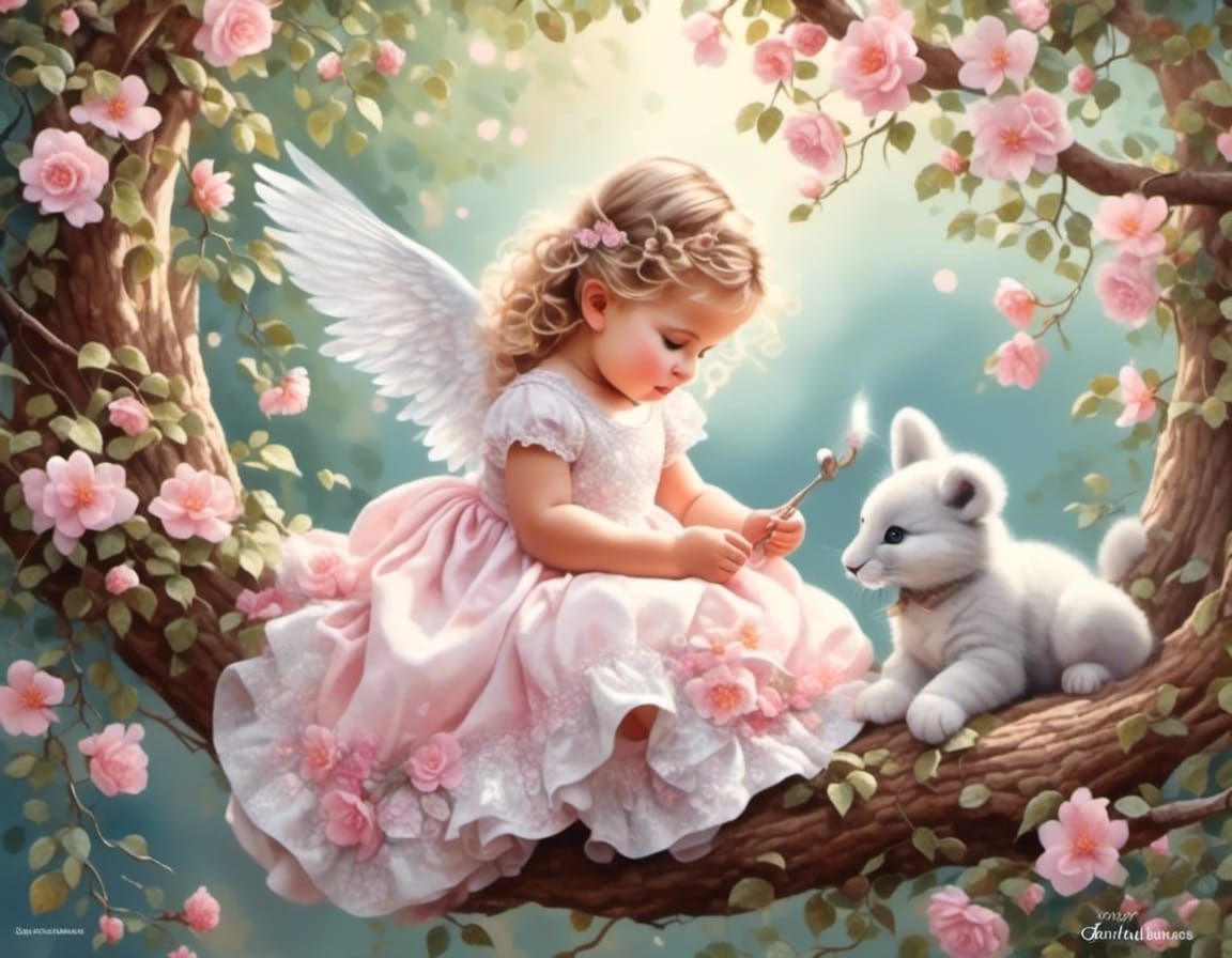 Watercolor Hyperrealism of a Child Rocking in the Treetops