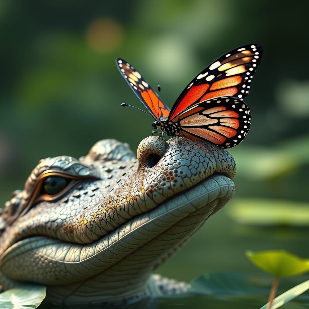 Surreal 3D Anime Art of Butterfly Landing on Alligator's Nos...
