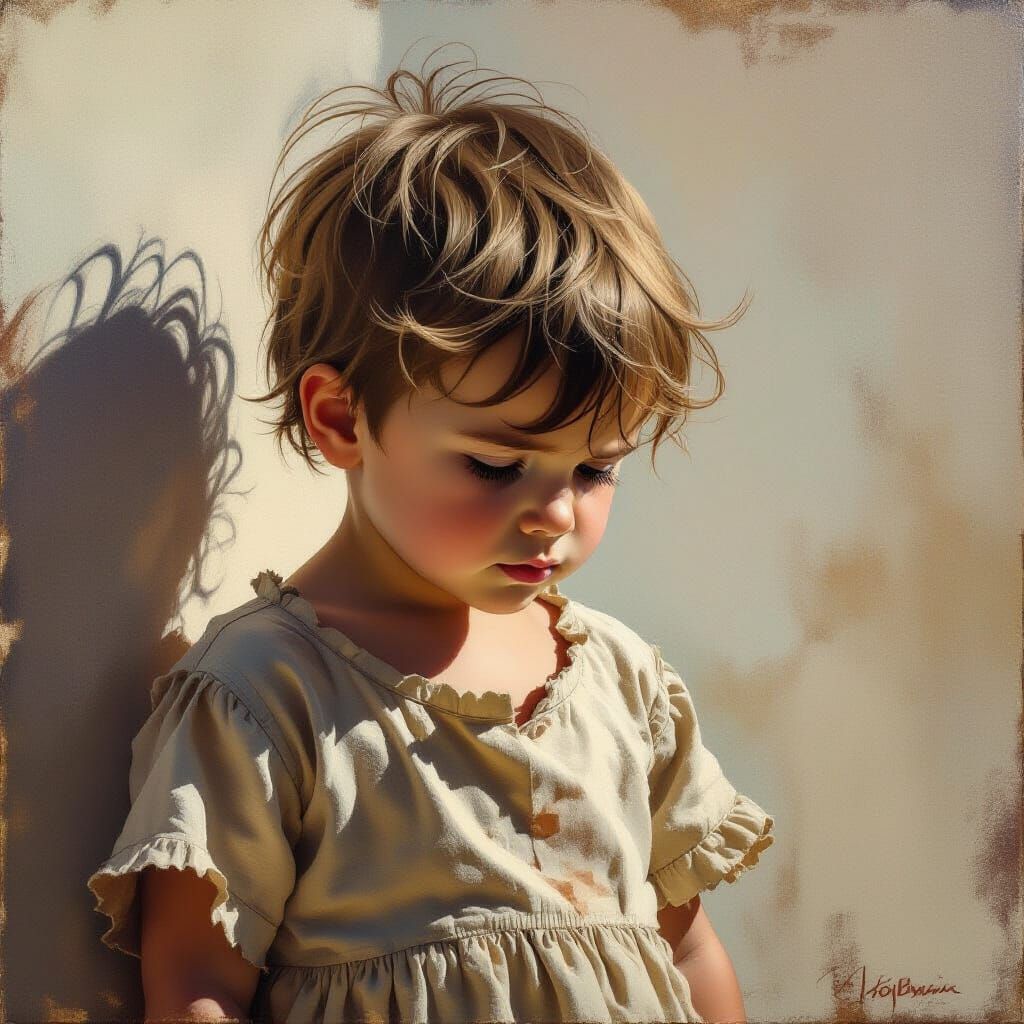 Brooding Toddler in Tattered Dress, Impressionistic Style