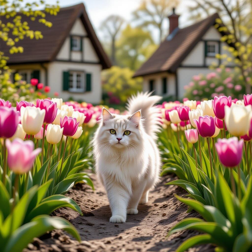 Fluffy White Cat in a Tulip Garden