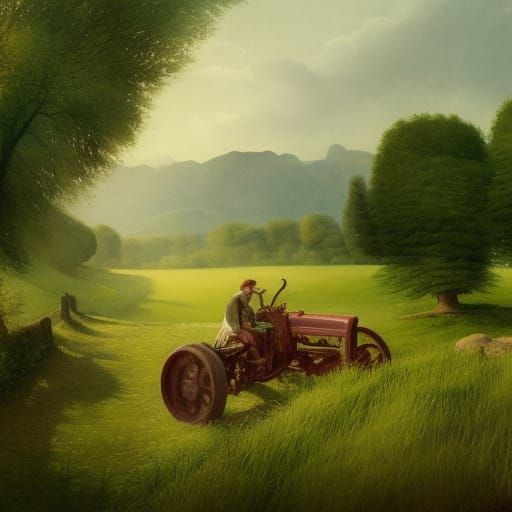 Green Tractor in a Brothers Grimm-Inspired Countryside Scene...