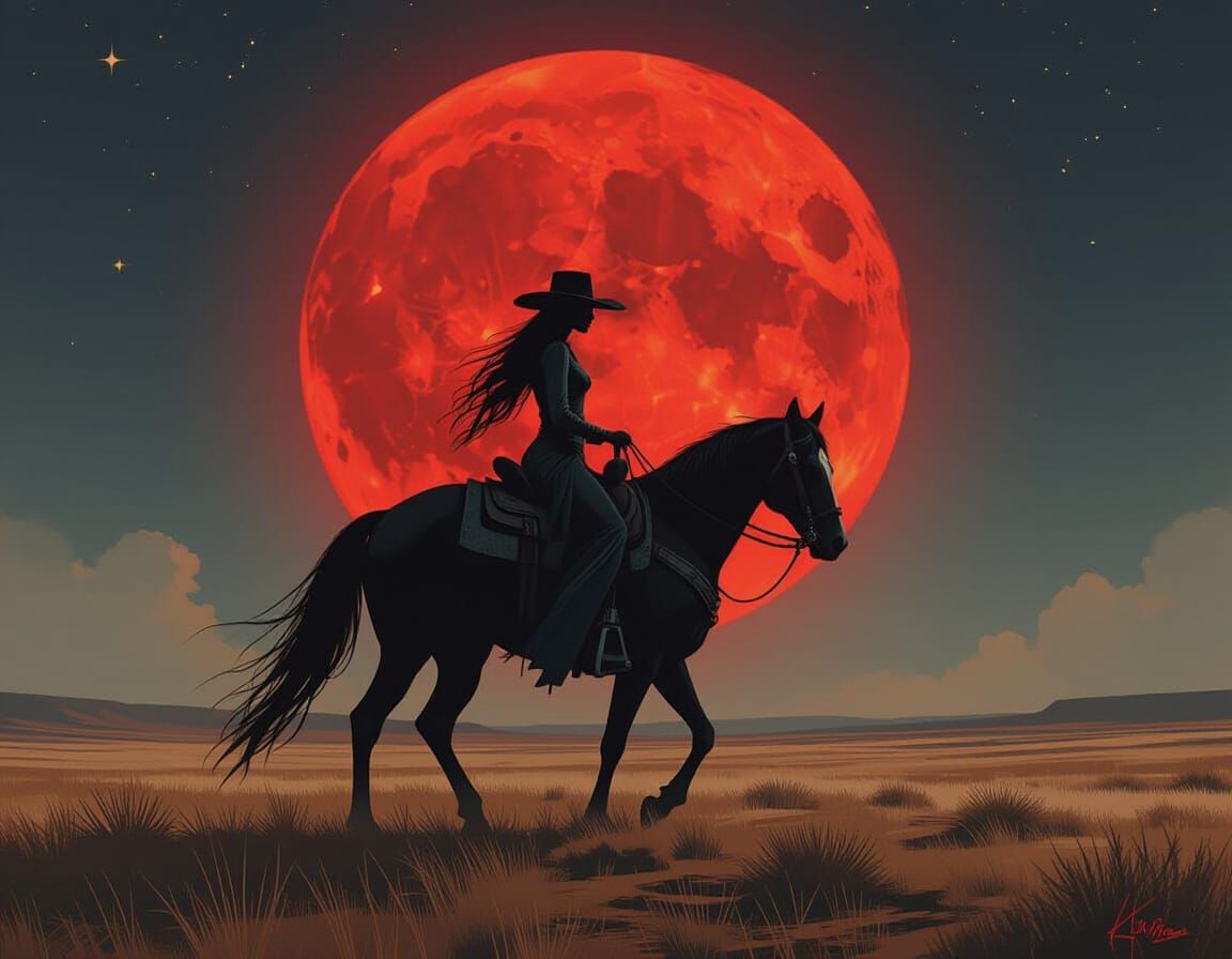 Spectral Cowgirl on Ghost Steed in Dark Fantasy Art Style