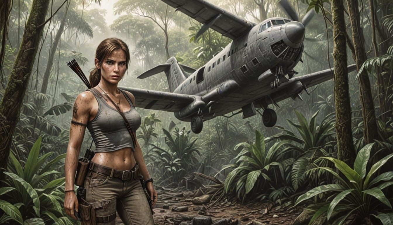 Lara Croft in the Jungle. Crashed Plane in the Background, a...