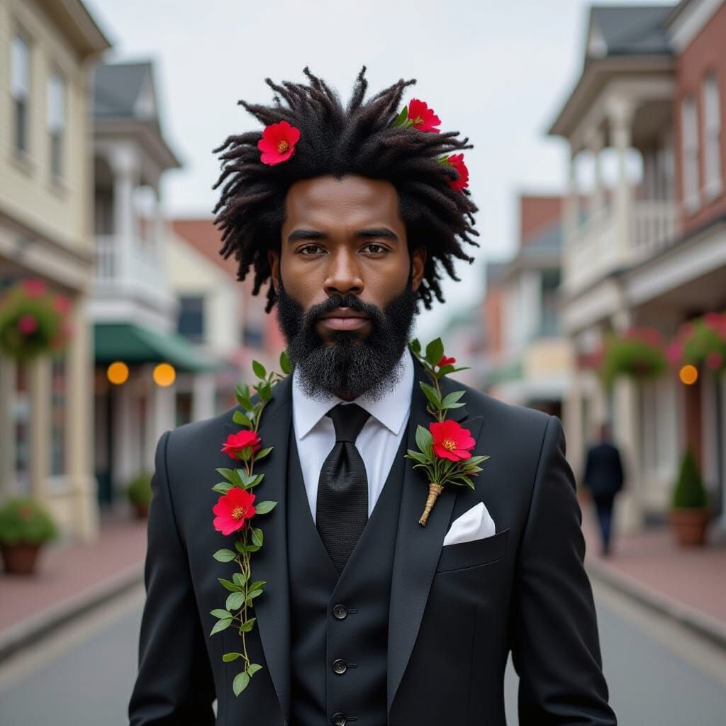 Botanical Man Walks Down Quaint Street in Hyperrealism Style