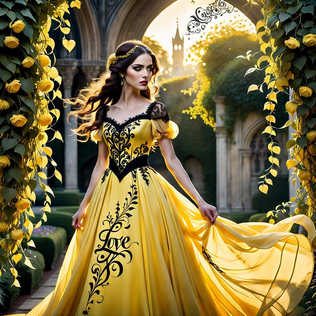 Girl in Resplendent Gothic Calligraphy Gown