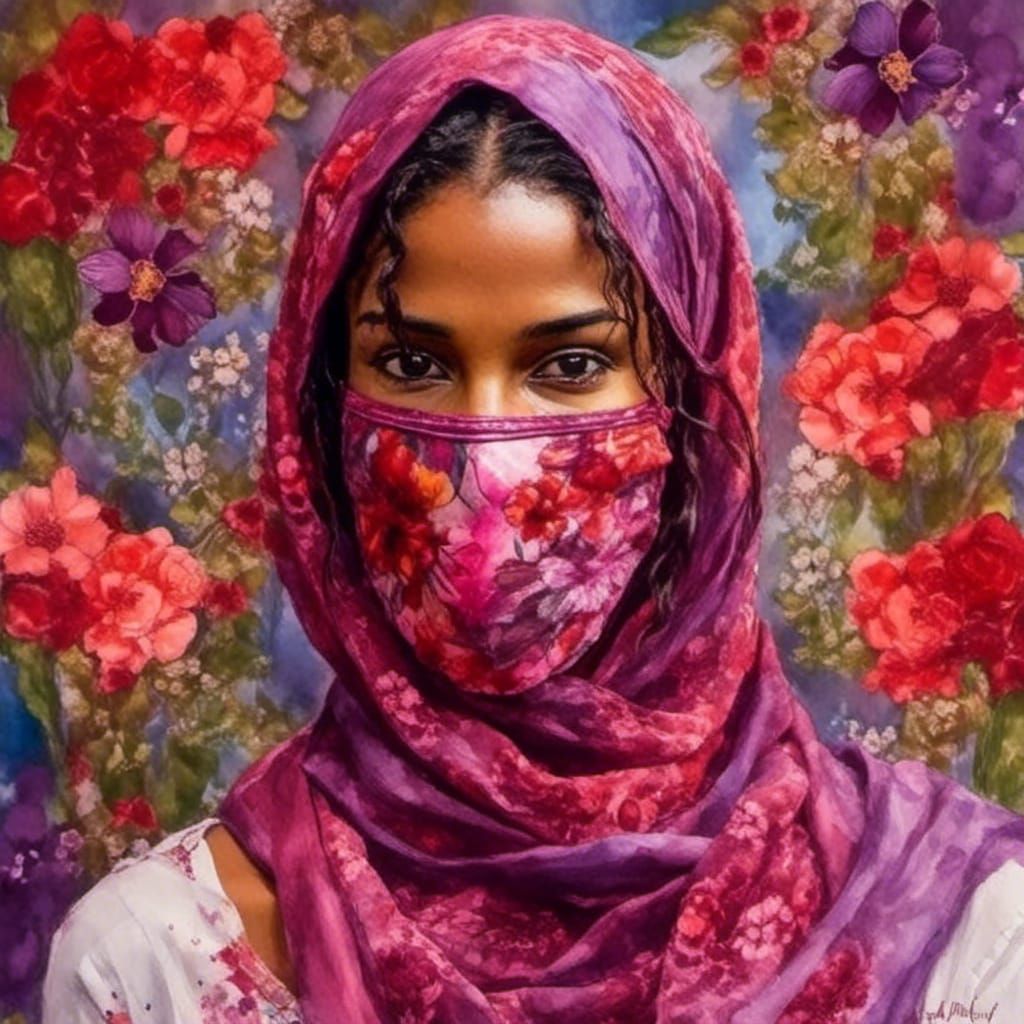 Mysterious Hijab-Wearing Woman in a Facemask with Flowers
