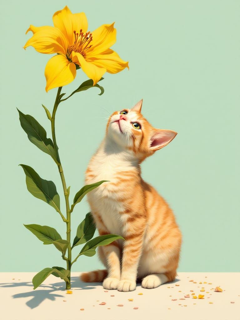 Adorable Cat and Flower in Campy Pop Art Style
