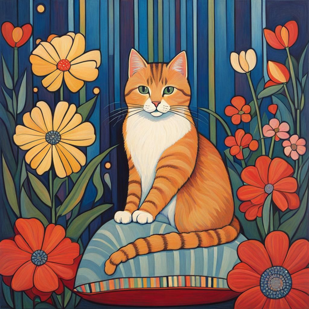 Lawren Harris Style Whimsical Cat in Floral Wonderland