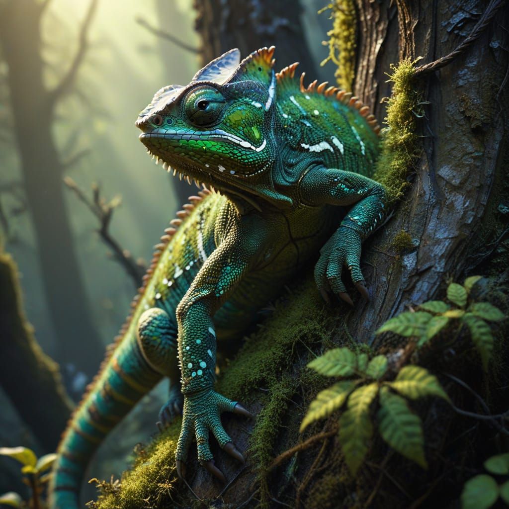 Highly Detailed Chameleon Camouflaging at Sunset