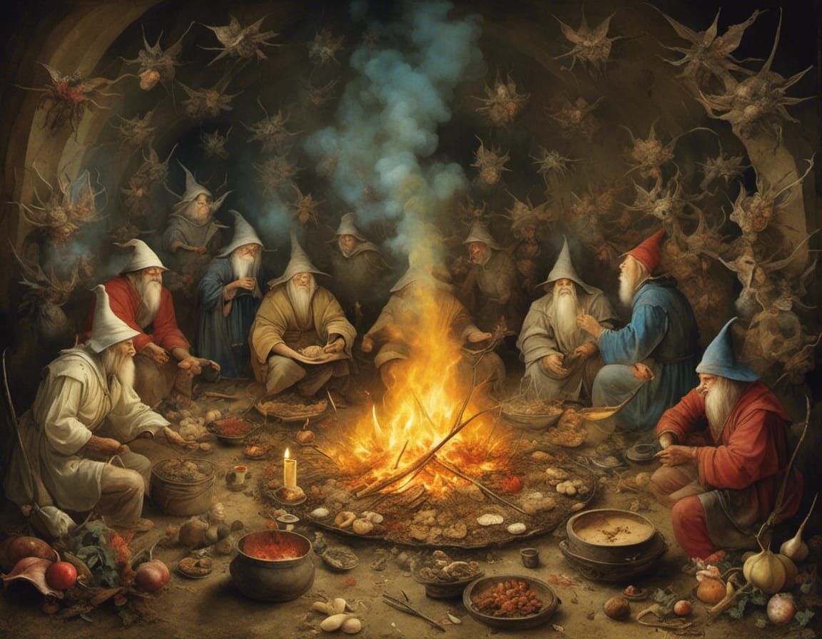 Wizards Gatheraround a Mystical Fire in a Hieronymus Bosch-I...