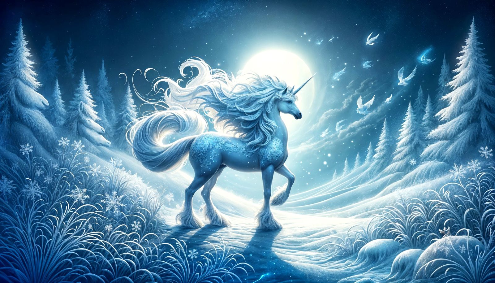 Majestic Unicorn Amidst Frosty Winter Wonderland
