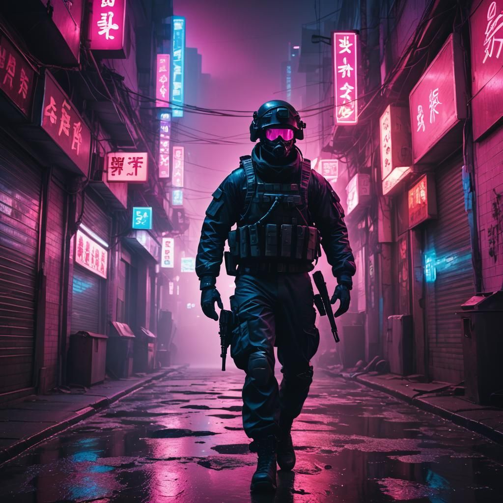 Cyberpunk Soldier in Dystopian North Korea
