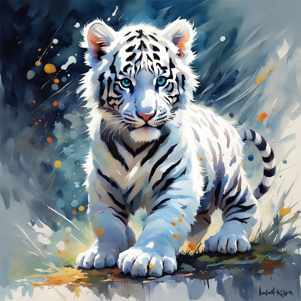 Majestic Baby White Tiger Captured in Vibrant Acrylic Art