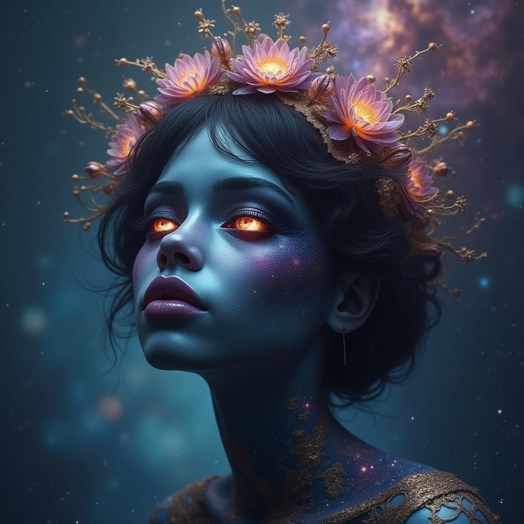 A celestial being with skin like polished obsidian and hair ...