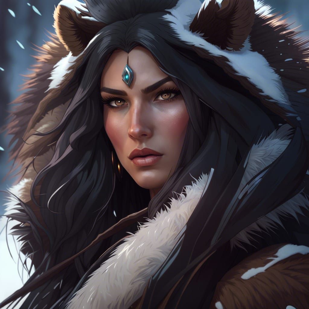 Fierce Barbarian Woman in Snowy Furs Amidst Majestic Winter...