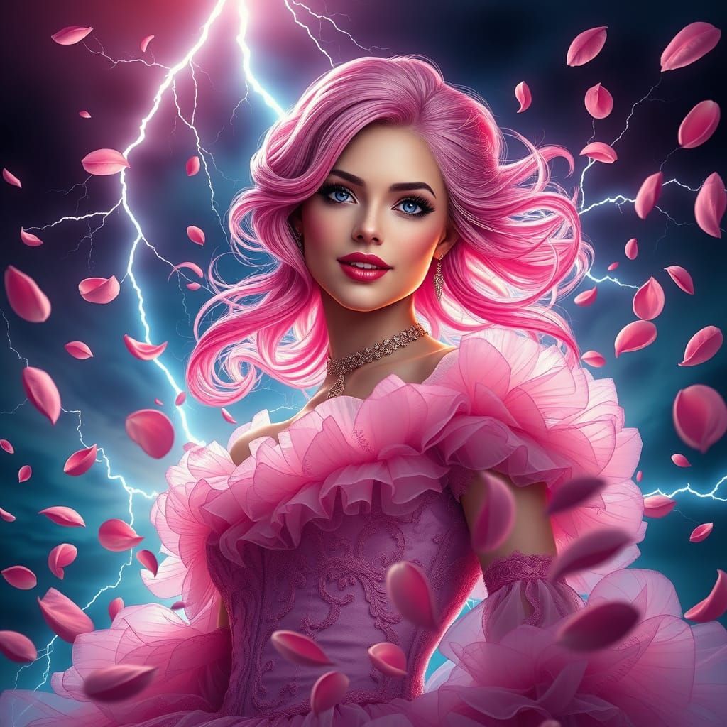 Mysterious Goddess Amidst Whirling Petals and Lightning