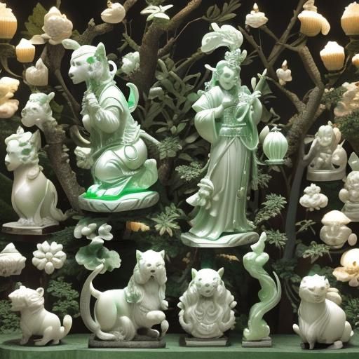 Japanese Netsukes from Jade and Marble in Ethereal Moonlight