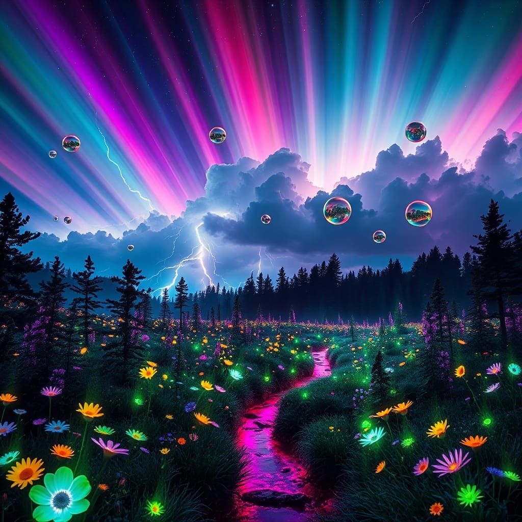 Neon Dreamscapes: Iridescent Thunderstorm Over Multicolored....