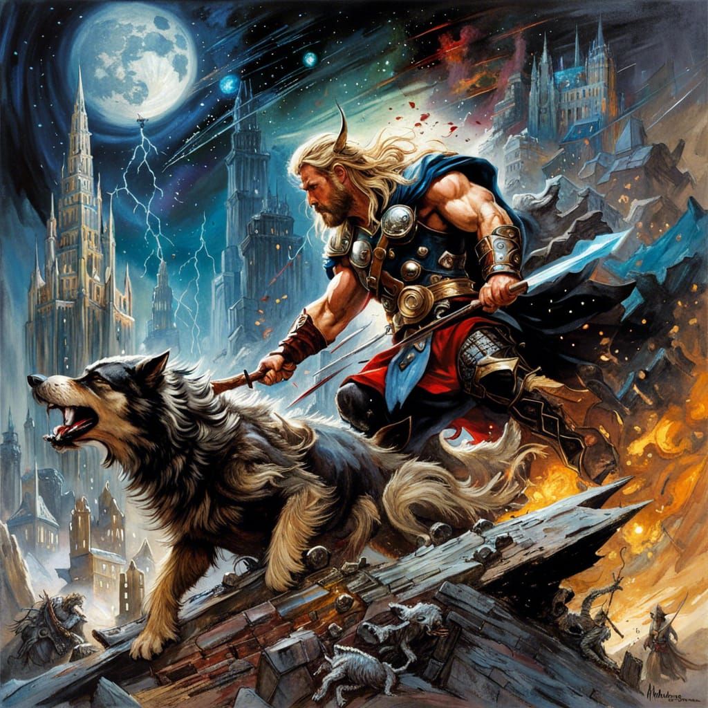 Epic Dark Fantasy Battle between Thor and Fenrir in a Futuri...