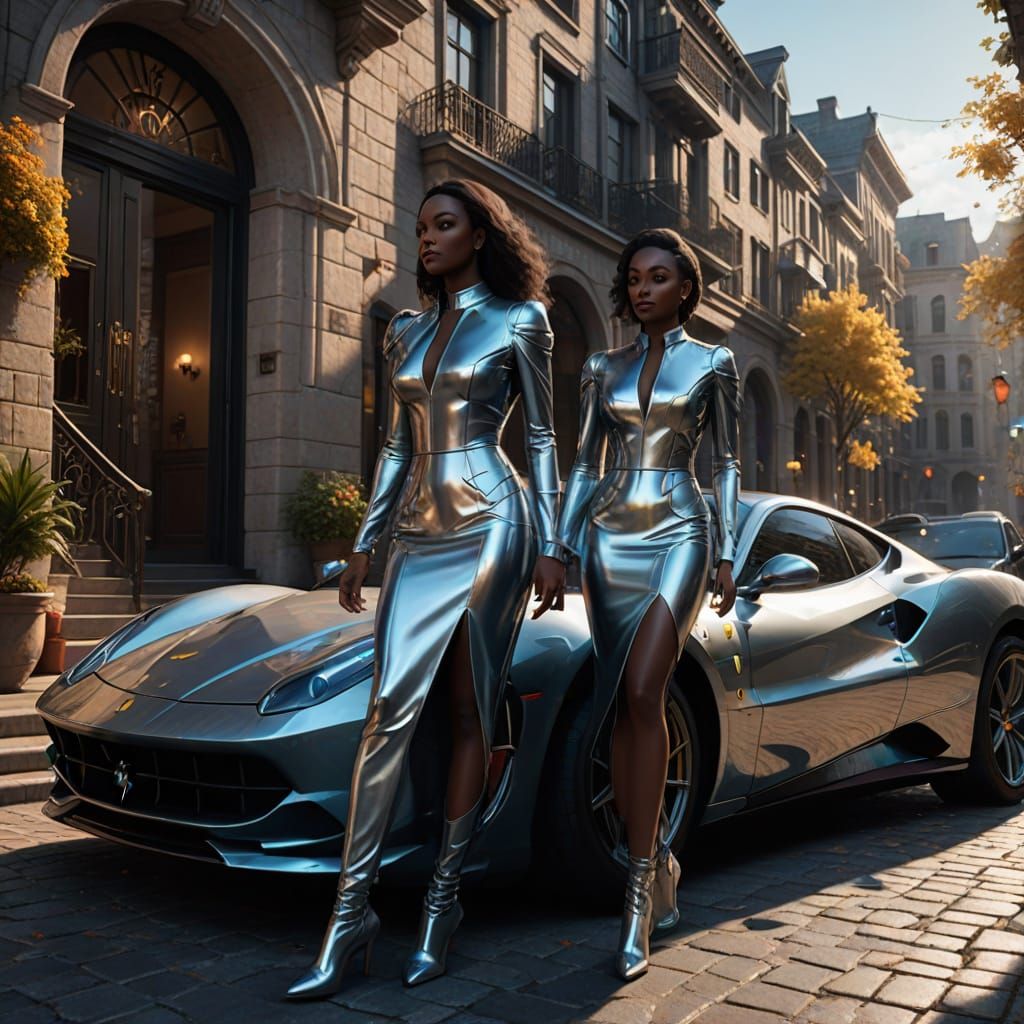 Two Women in Metallic Latex Enter a Silver Ferrari 246 Dino ...