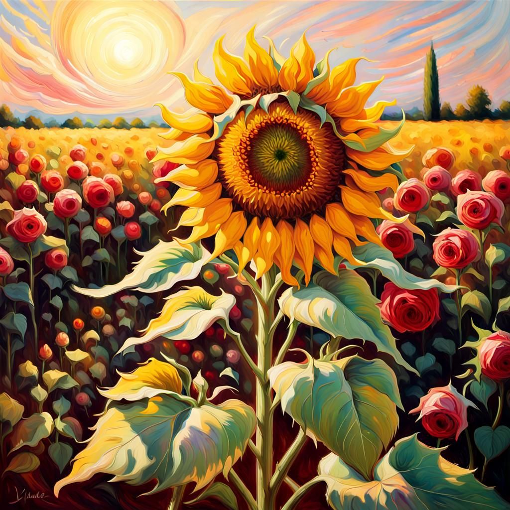 Vibrant impressionism. Medium shot. A sunflower stands tall in a field of roses. Wide angle. Sun-kissed colors. Soft pet...