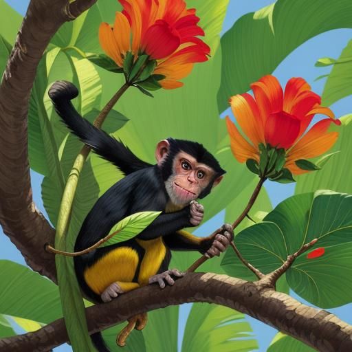 Vibrant Monkey Snacks on a Sunny Branch