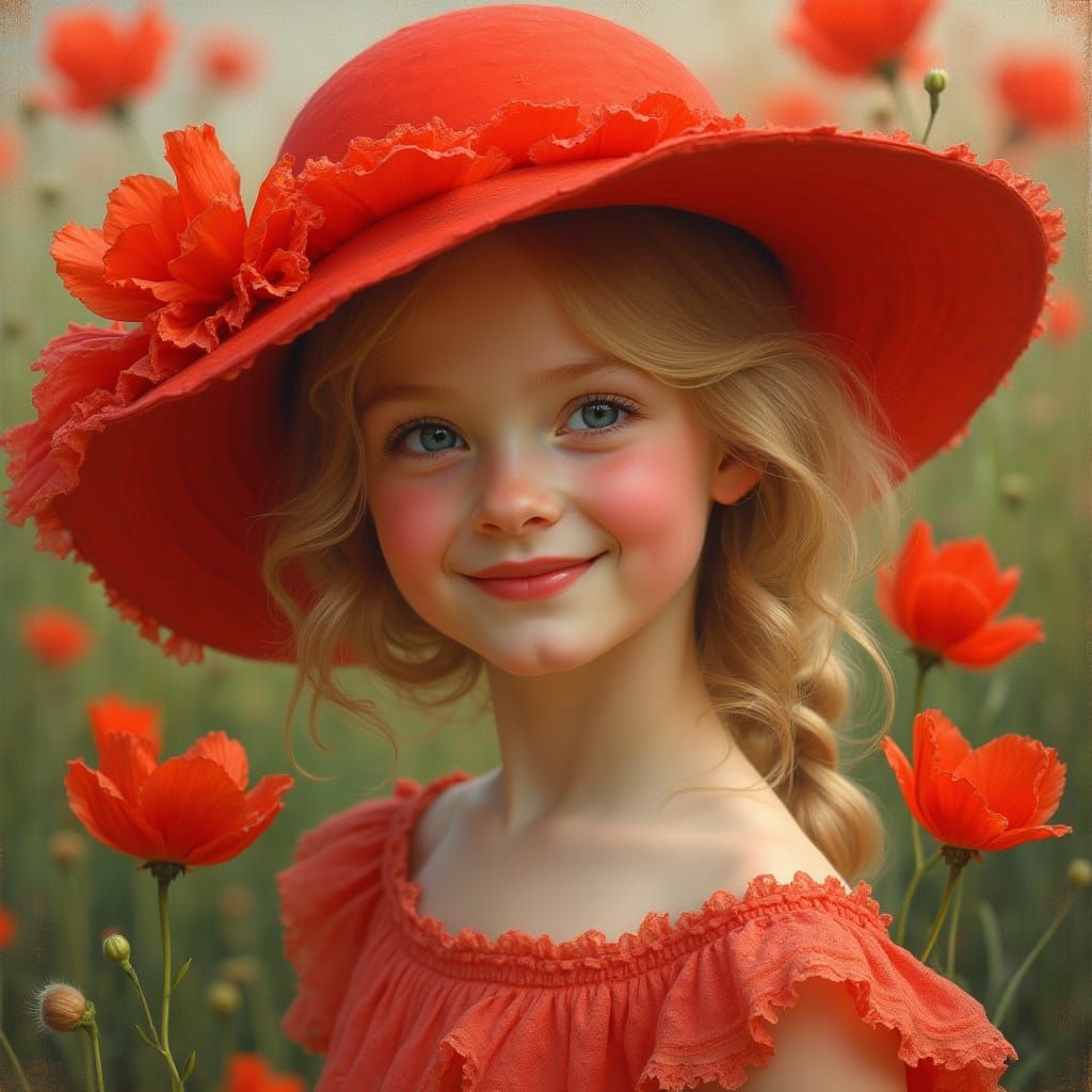 Smiling Girl with Poppies in Hyperrealistic Style