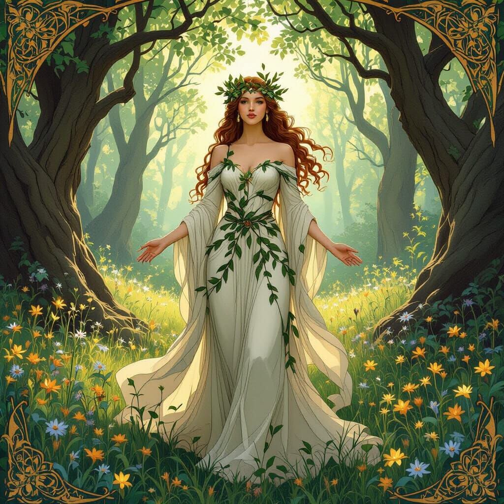 Druid Goddess in Forest Clearing, Art Nouveau Style
