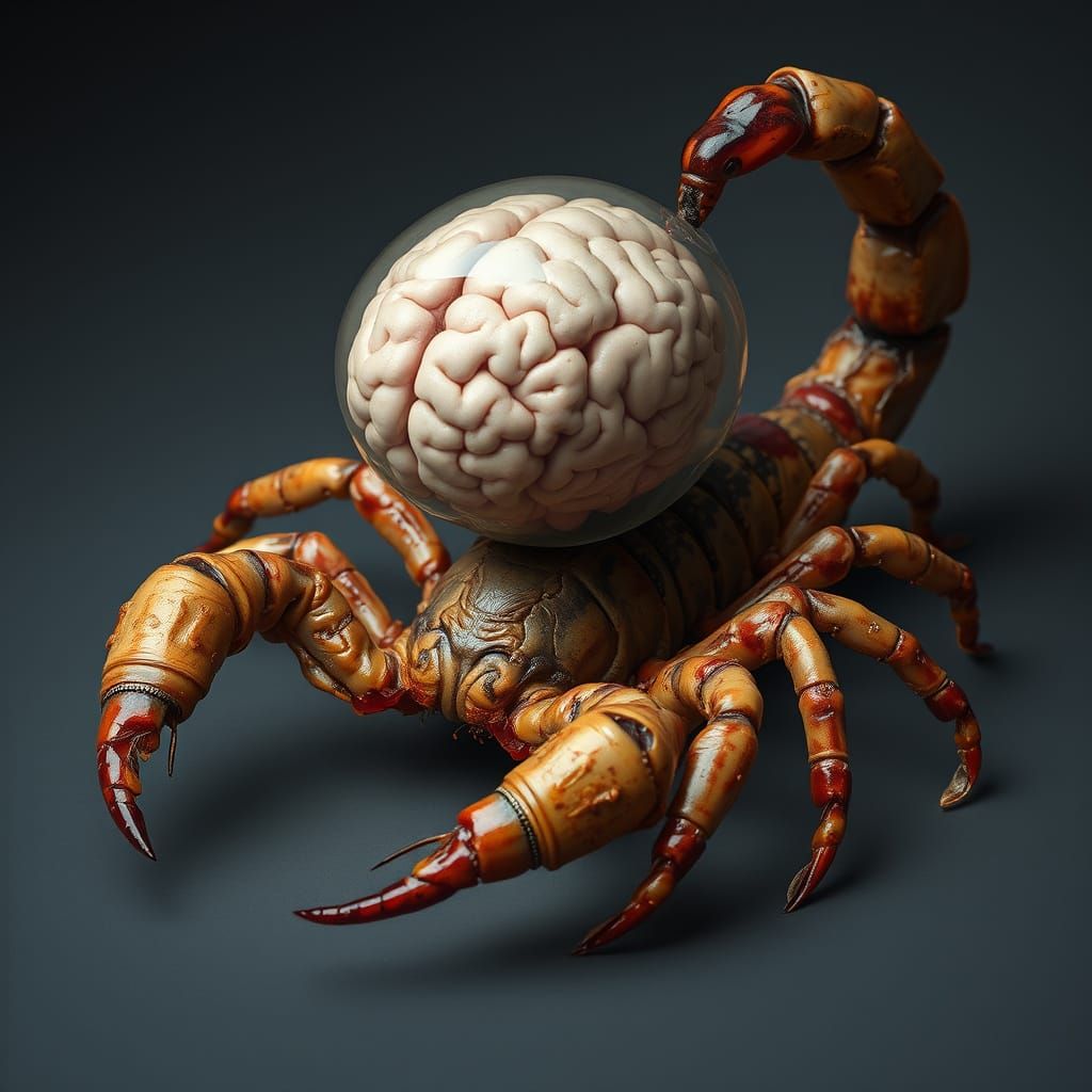 Surreal Scorpion Protects Human Brain in Gelatinous Cocoon