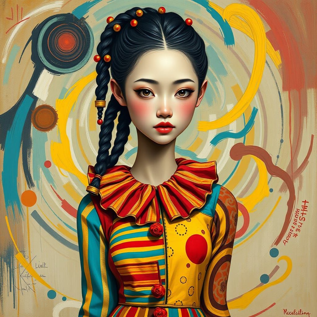 Whimsical Korean Beauty in Vibrant Clown Attire