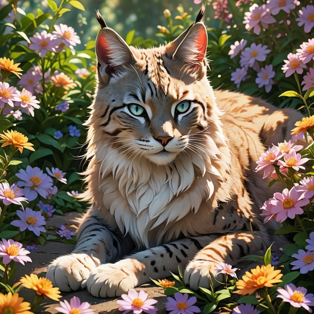 Gentle Lynx Cat in Vibrant Floral Paradise