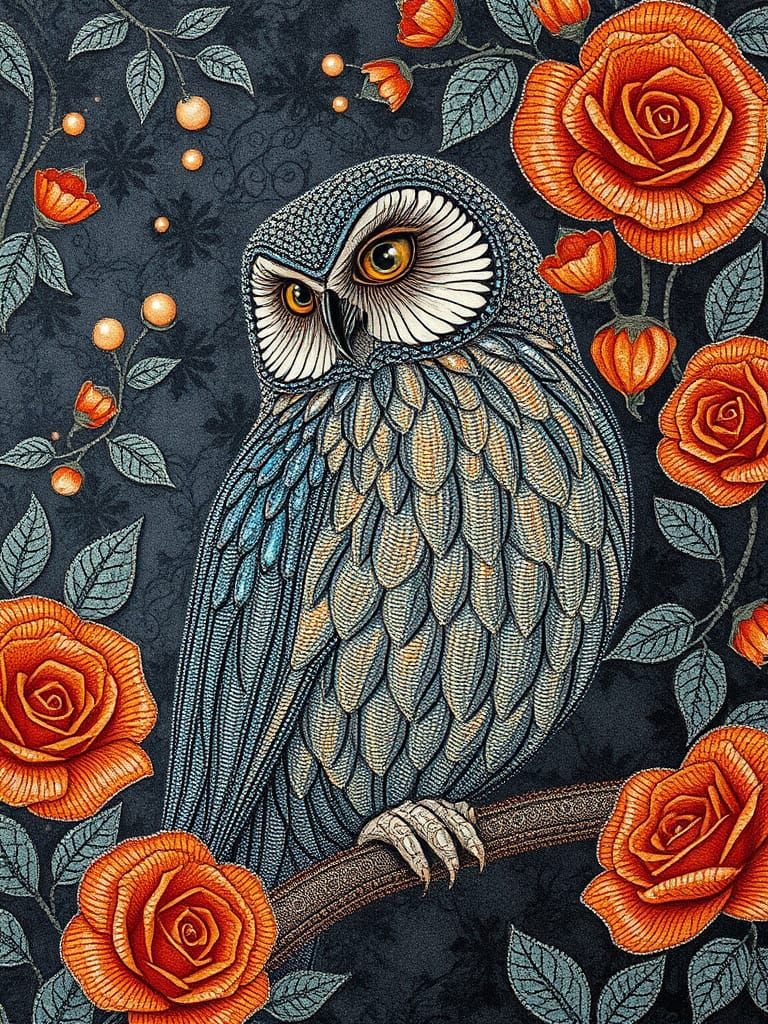 Elegant Owl and Roses Tapestry in Watercolor Style