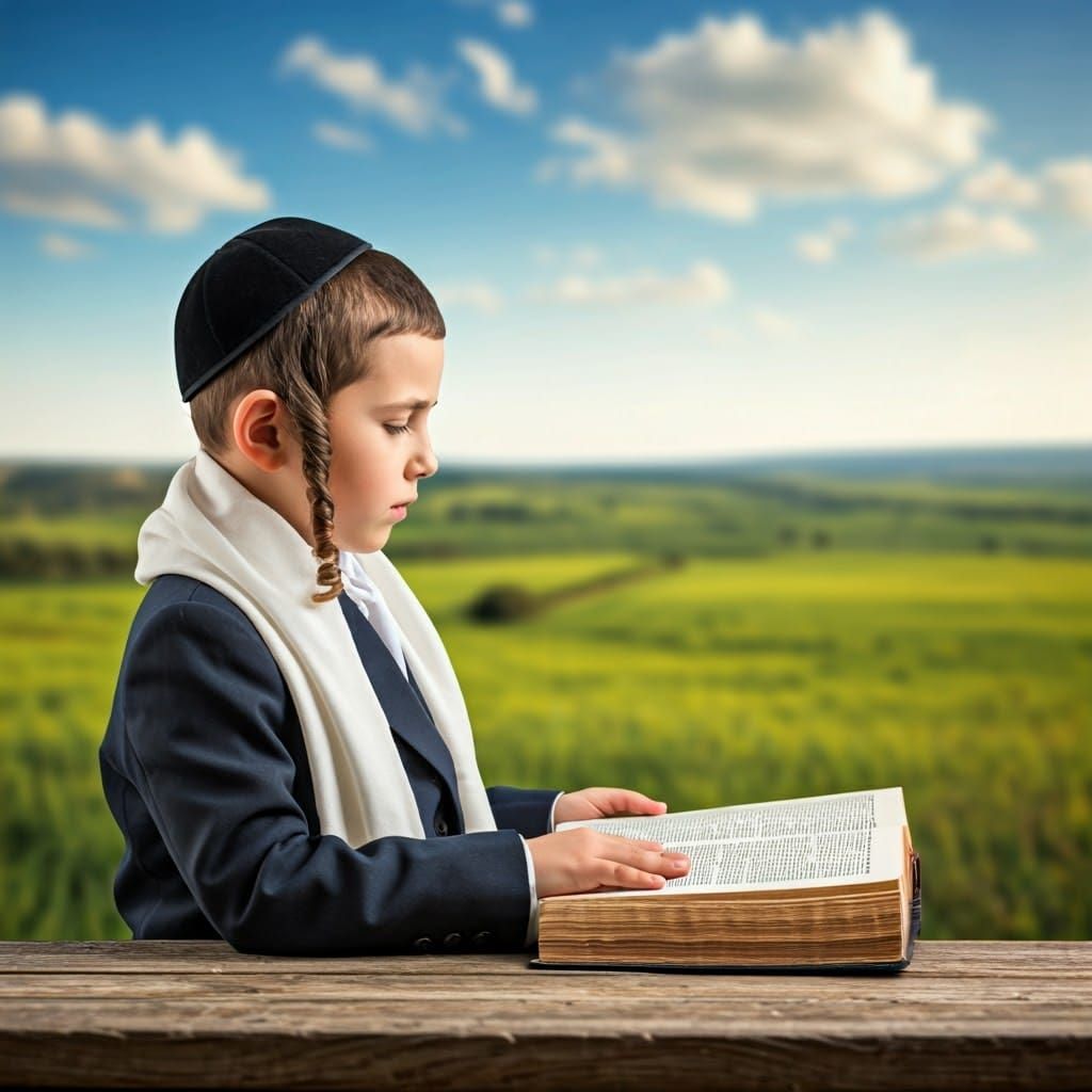 Ultra-Orthodox Jewish Boy Studies Holy Text in Serene Landsc...