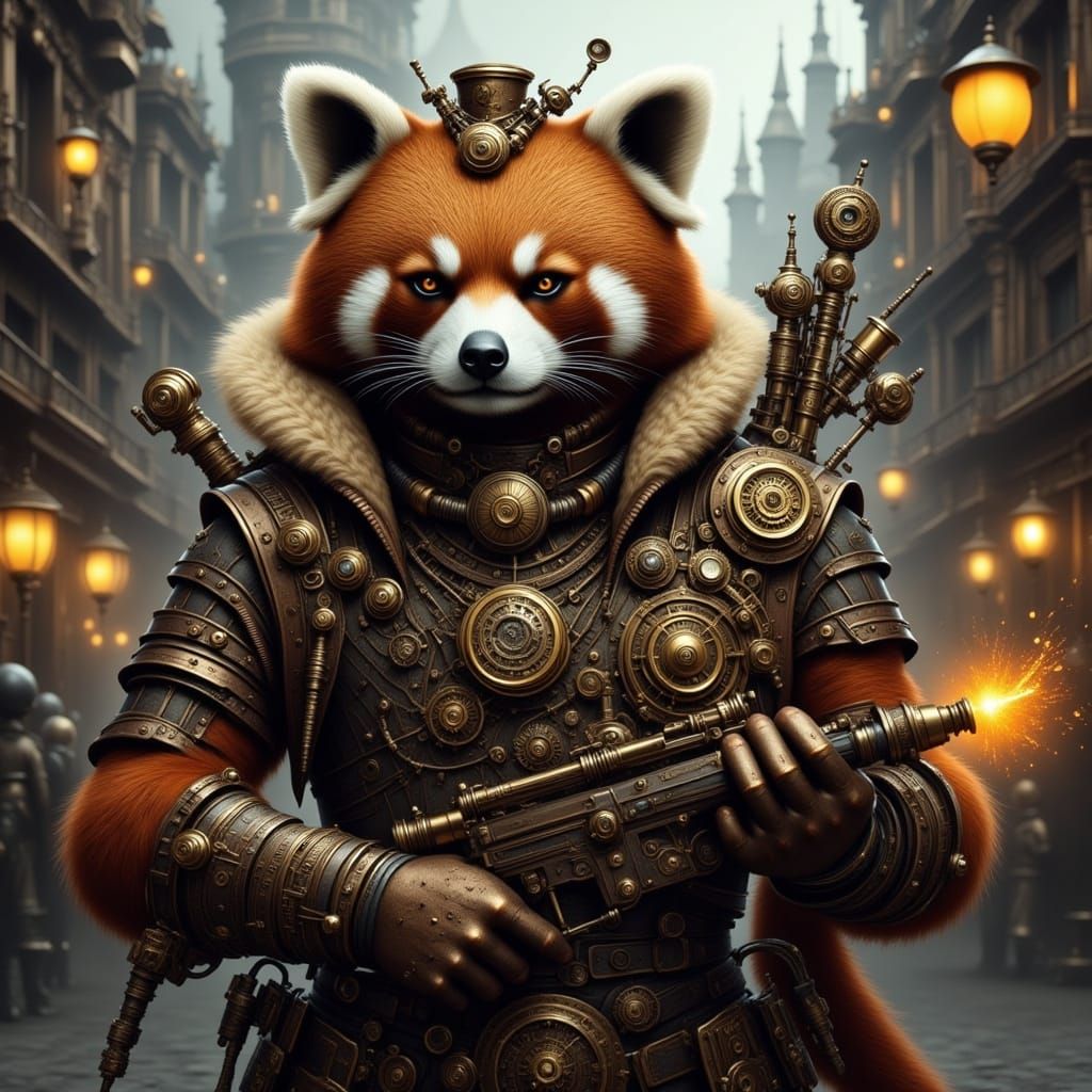 Steampunk Red Panda Warrior with Clockwork Weapon