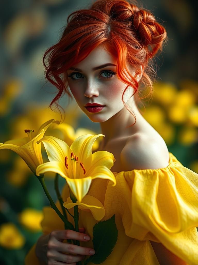 Woman in Vibrant Yellow Dress Amidst Calla Lilies in a Fairy...