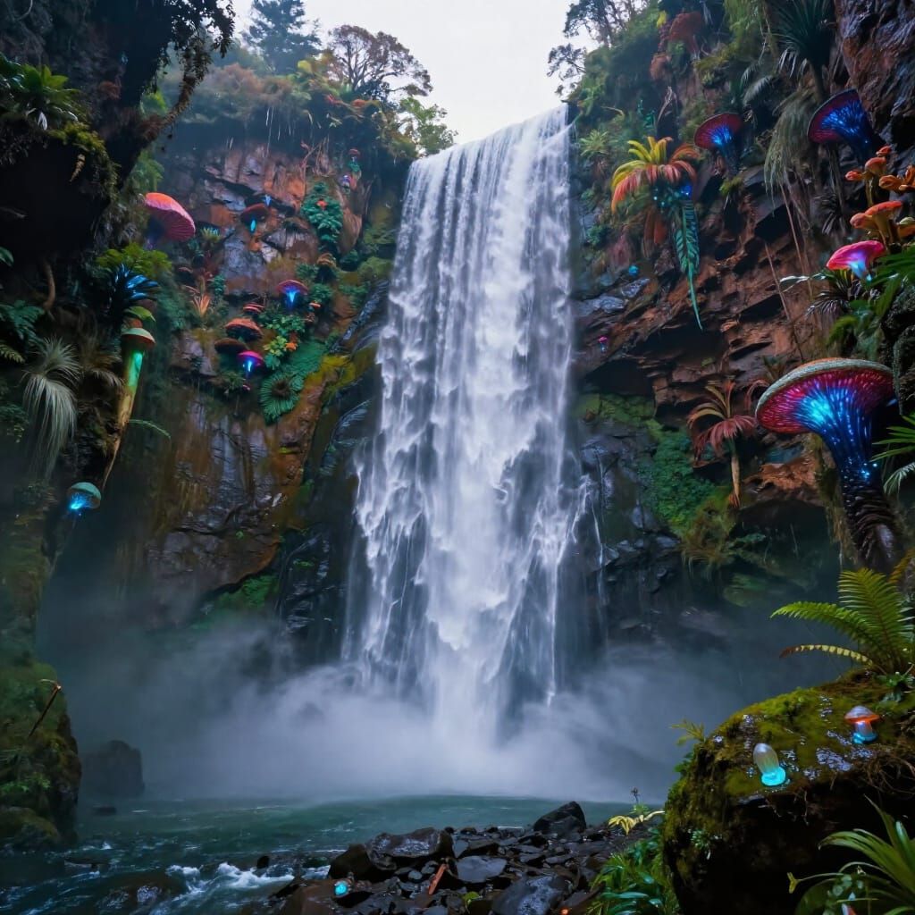 Colossal Waterfall in Alien Canyon - Hyperrealistic Matte Pa...