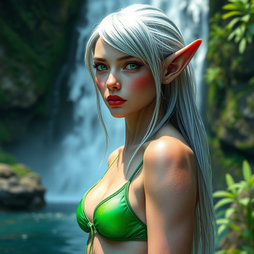 Elegant Elf Maiden in Emerald Bikini, Silvery Skin, and Wate...