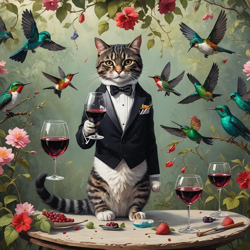 4K painting of cat wearing tuxedo serving wine to  hummingbirds in dainty glasses cinematic style