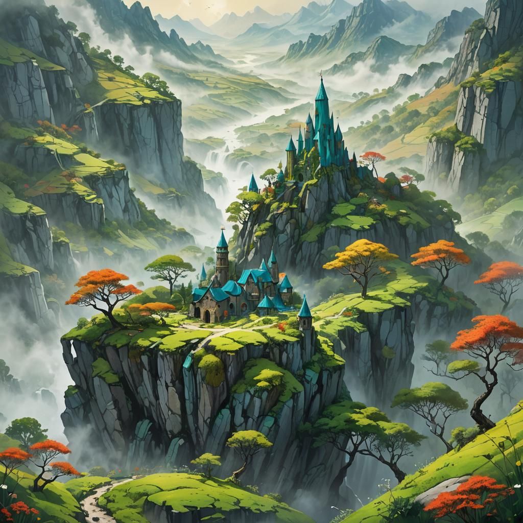 Vibrant Fantastical Scene with Jeweled Bottle and Dreamy Lan...