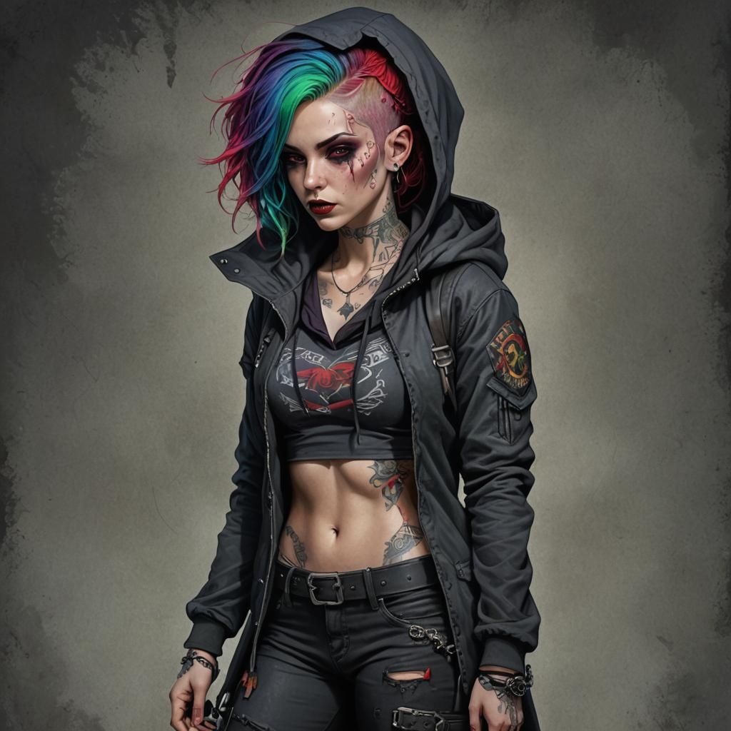 Gothic Rogue with Rainbow Hair in Dark Fantasy Art