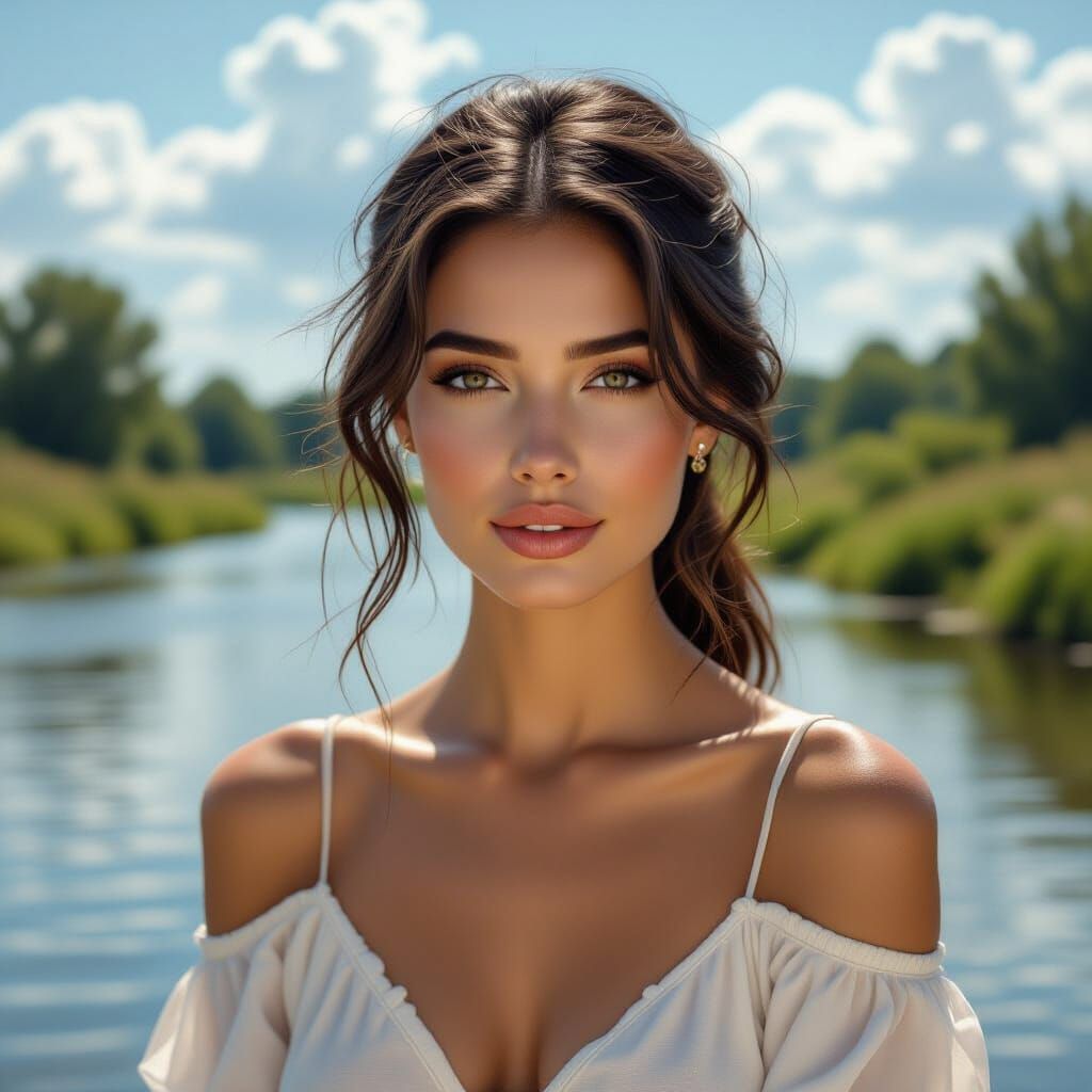 Hyperrealistic Woman in Serene Landscape