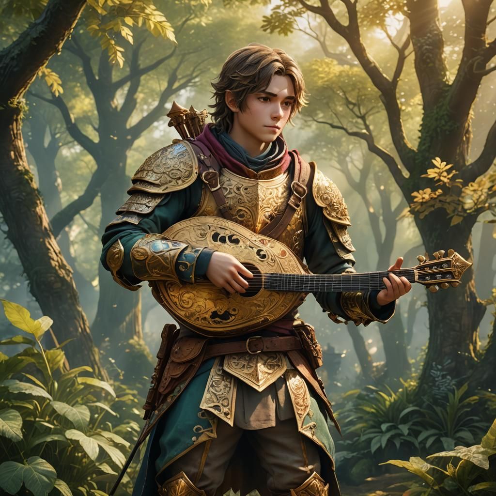 Ornate Bard in Earthy Armor, Holding Lute in 3D Anime Art