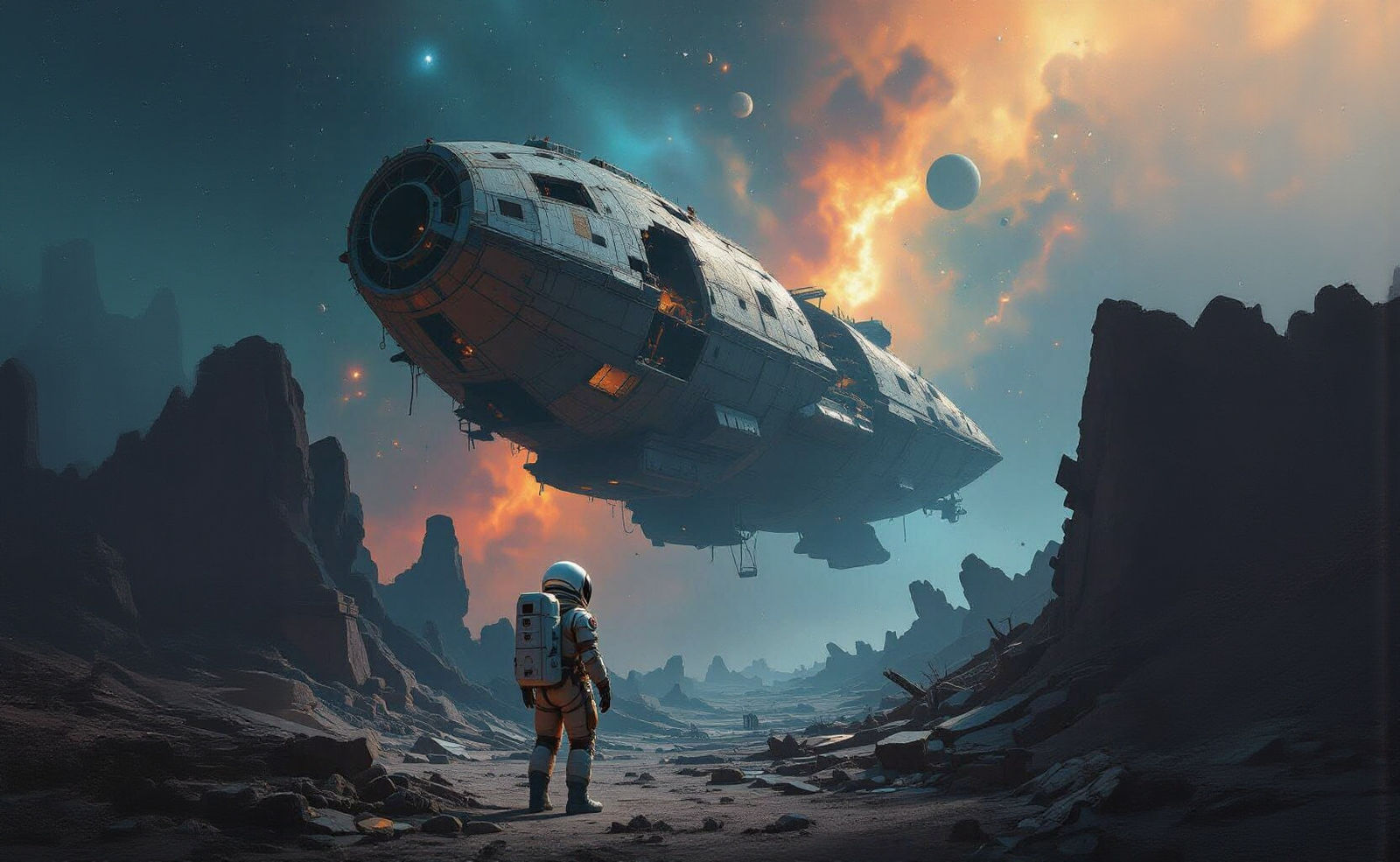 Derelict Spaceship Graveyard in Nebula, Retrofitted Suit Exp...