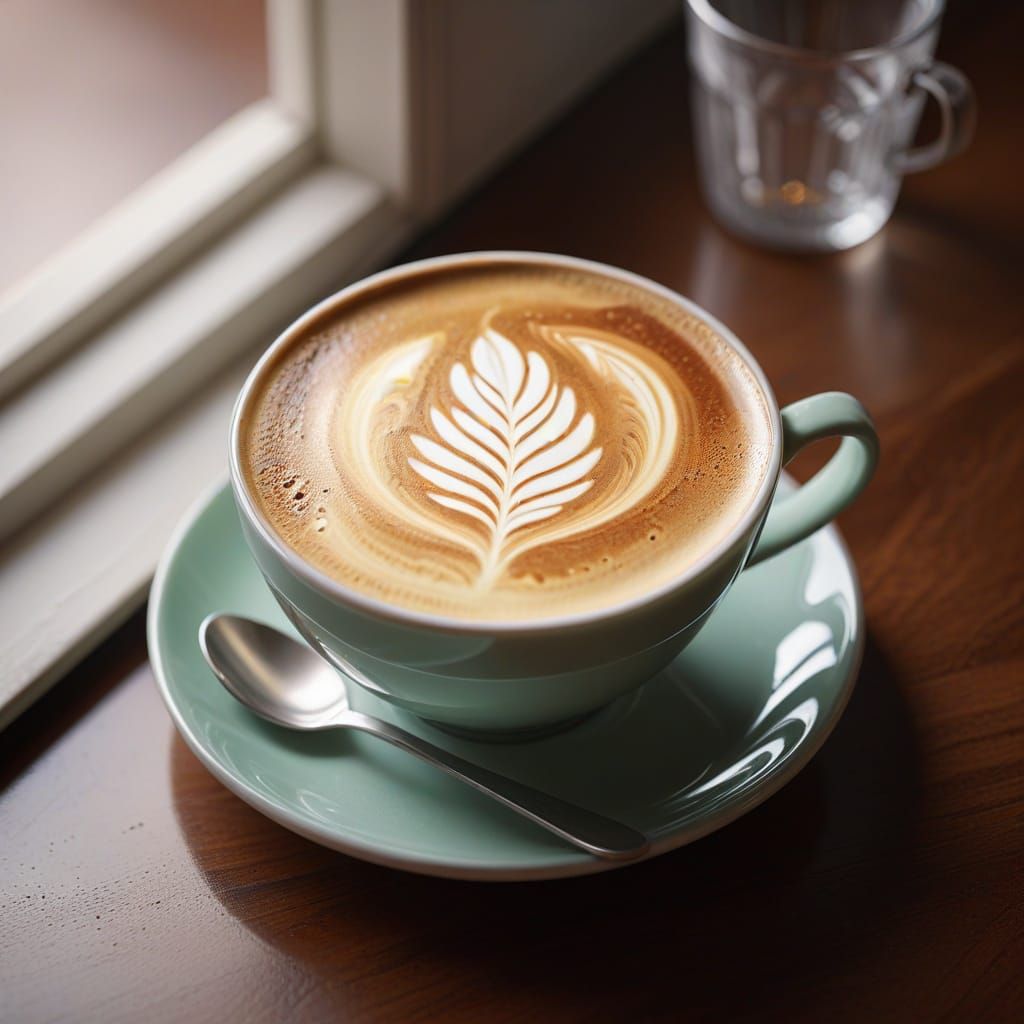 Serene Morning Latte Art Still Life in Realistic Digital Art