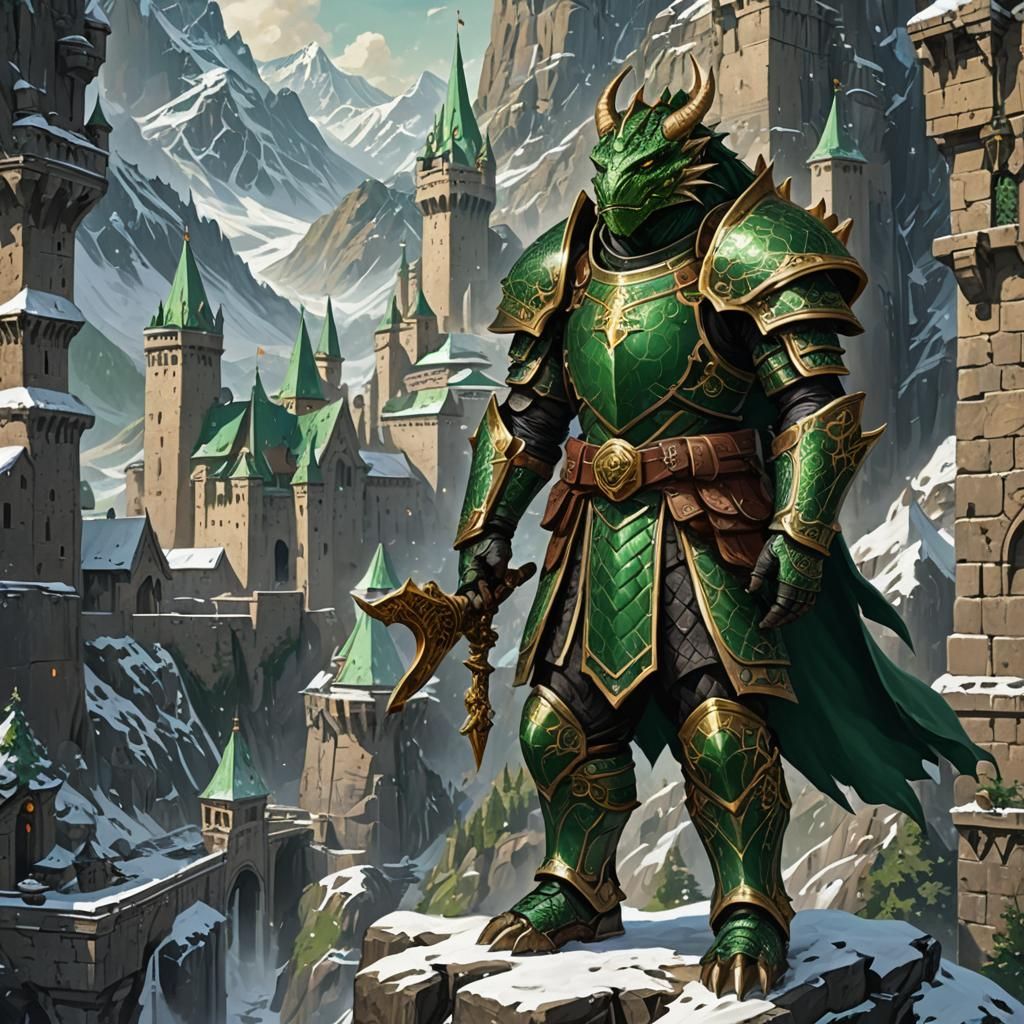 Dragonborn Paladin in Emerald Scales and Golden Armor Sits w...