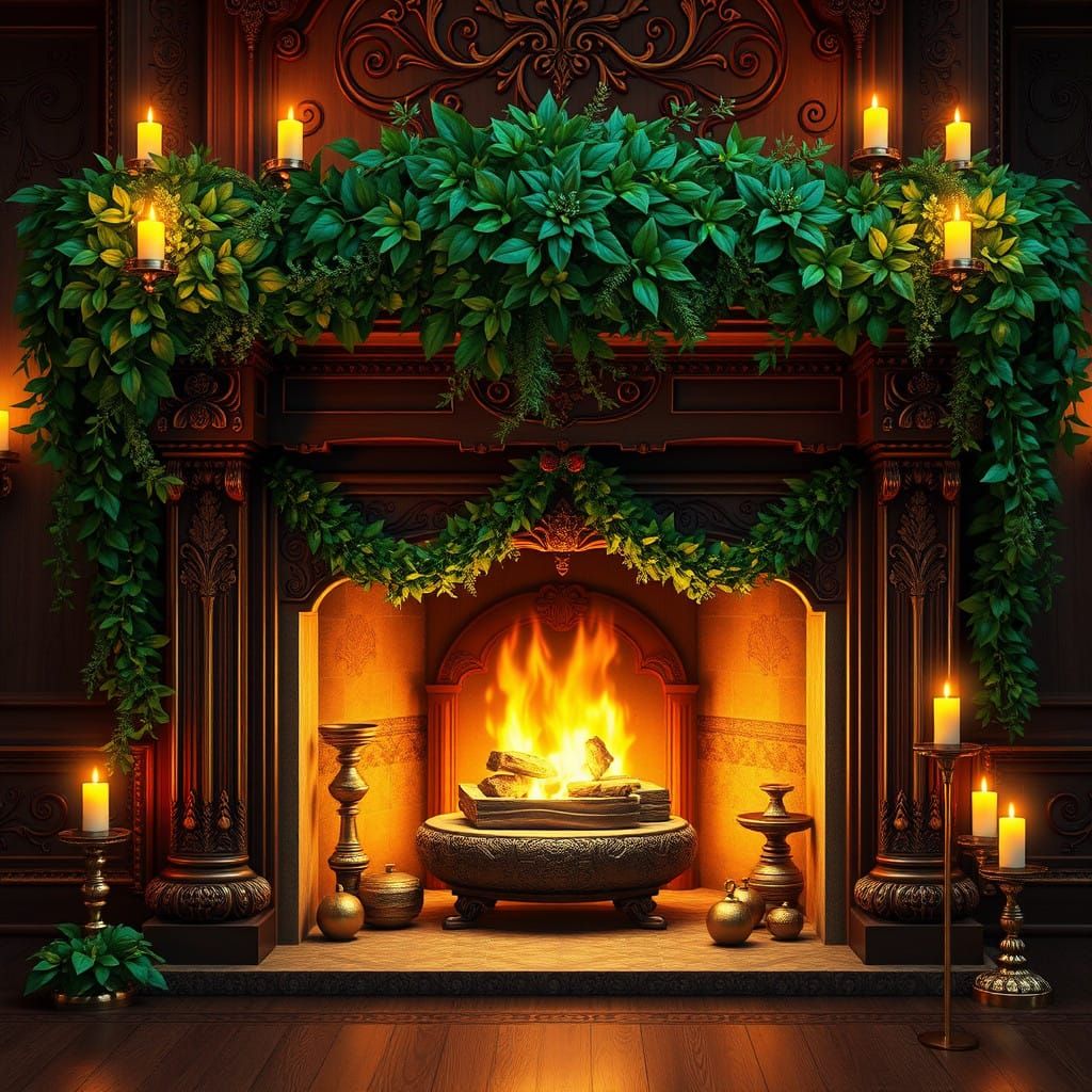 Whimsical Wooden Fireplace Mantel in a Fantastical, Dreamlik...